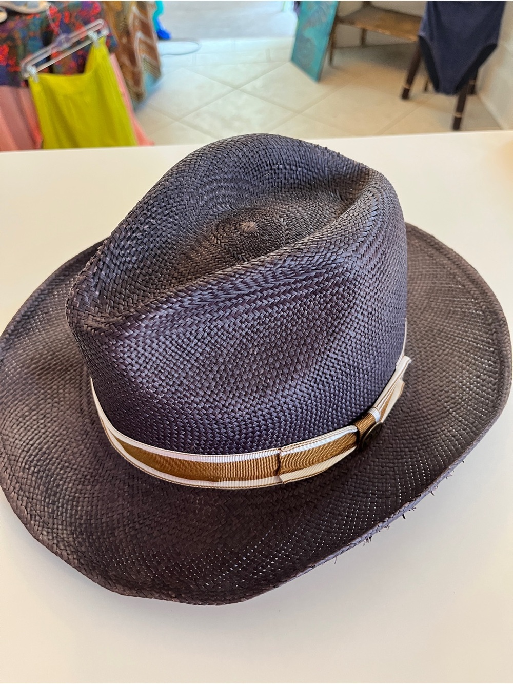 Goorin Bros Navy Woven Straw Hat with Tan Trim Hand Woven Straw Size Medium